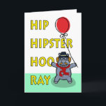 Hip Hipster Hooray Birthday för Friend Kort<br><div class="desc">Hip Hipster Hooray,  födelsedagshälsningskort för en höftvän. Kortet har en hippo med mustasch med hatt,  glas och halsduk. Den håller fast vid en stor röd ballong för en födelsedagsfest. Tecknad stil med svarta konturer. Art,  bild och versell copyright © Shoaff Ballanger Studios.</div>