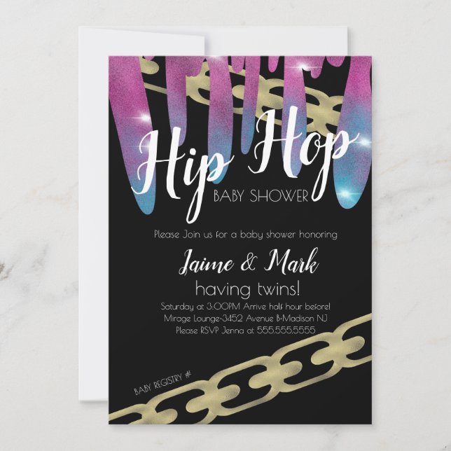 Hip Hop Baby Shower Faux Glitter Rosa Droppande Inbjudningar (Framsida)