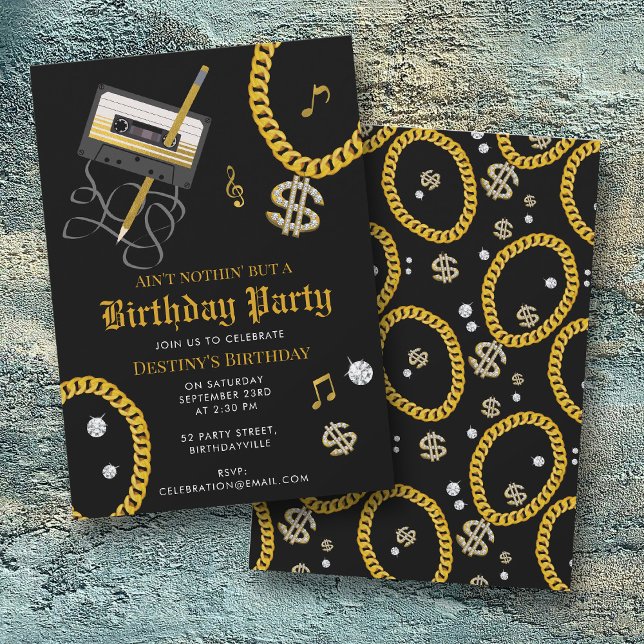 Hip Hop Gold Chain Cassette 80's 90's Birthday Inbjudningar (Hip Hop Gold Chain Cassette 80's 90's Birthday Invitation)