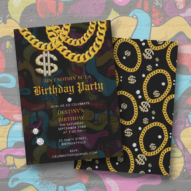 Hip Hop Gold Chain Graffiti 90's Birthday Party Inbjudningar (Hip Hop Gold Chain Graffiti 90's Birthday Party Invitation)