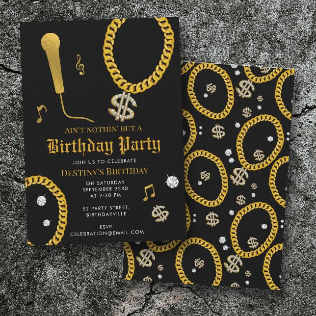 Hip Hop Gold Chain Microphone 80's 90's Birthday Inbjudningar (Hip Hop Gold Chain Microphone 80's 90's Birthday Invitation)