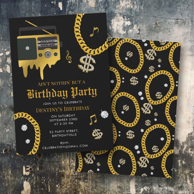 Hip Hop Gold Chain Radio 80's 90's Birthday Inbjudningar (Hip Hop Gold Chain Radio 80's 90's Birthday Invitation)