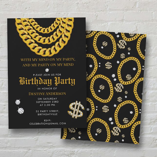 Hip Hop Gold Cuban Link Chain 90's Birthday Party Inbjudningar (Hip Hop Gold Cuban Link Chain 90's Birthday Party Invitation)