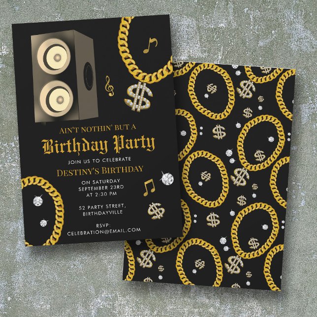 Hip Hop Guld Kedja Subwoofer 80- 90-tals Födelseda Inbjudningar (Hip Hop Gold Chain Subwoofer 80's 90's Birthday Invitation)