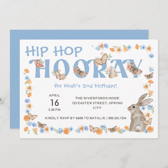 Hip hop Hooray Bunny och Butterfly Boy's Birthday Inbjudningar (Fram/baksida)