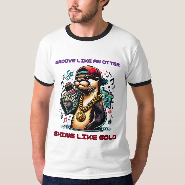 Hip hop Otter med Boombox och Guld chain T Shirt (Framsida)