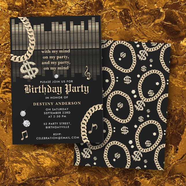 Hip Hop Rap Music Gold Link Chain 90's Birthday Inbjudningar (Hip Hop Rap Music Gold Link Chain 90's Birthday Invitation)