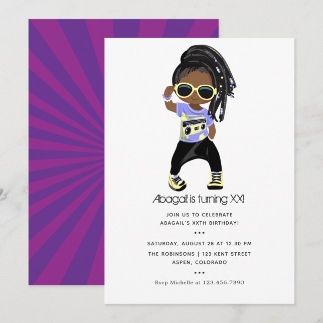 Hip hop themed Girl Birthday Inbjudningar (Fram/baksida)