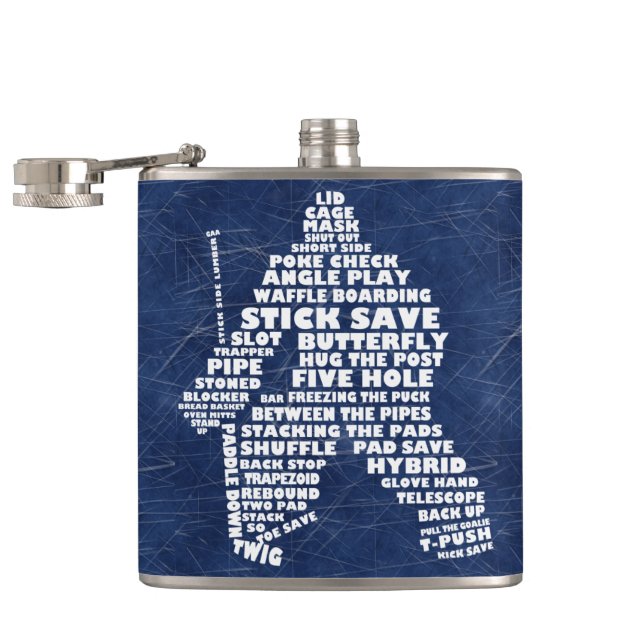 Hip-kolv av Ice Hockey Goalie Typography Fickplunta (Öppnad)