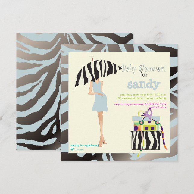 HIP-MAMMA, SILVERY BLUE ZEBRA BABY SHOWER-INBJUDNI INBJUDNINGAR (Fram/baksida)