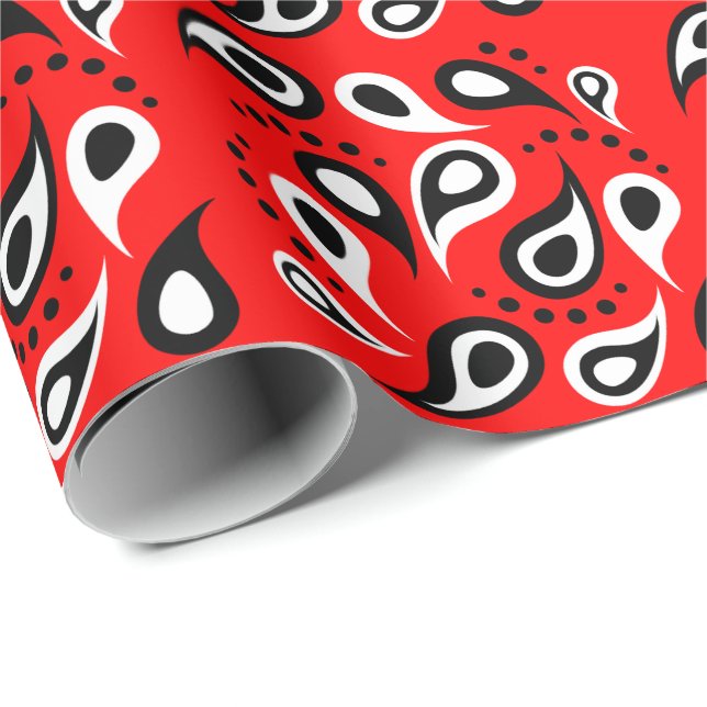 Hip Red Bandana Print Black White Paisley and Dots Presentpapper (Rullad Hörn)