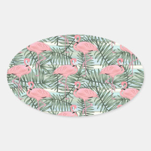 Hip Rosa Flamingoes Cute Handflatan Blad Mönster Ovalt Klistermärke