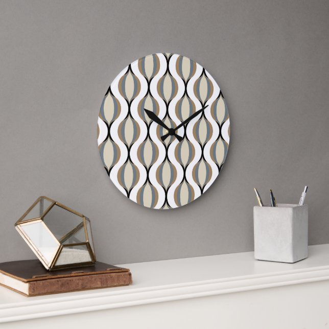 Hip Taupe Beige Sand Grått Ogee Black Vågar Art Stor Klocka (Kontor)