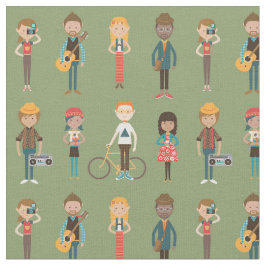 Hip Tecknad People Illustrations Mönster (Grönt) Tyg
