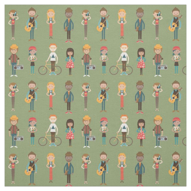 Hip Tecknad People Illustrations Mönster (Grönt) Tyg (Provkarta)