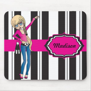 Hip Tonåring Girl med Black and White Rand Musmatta