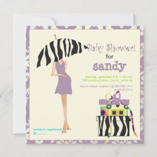 Hiphugg mamma, lila damast/sebra baby shower inbjudningar