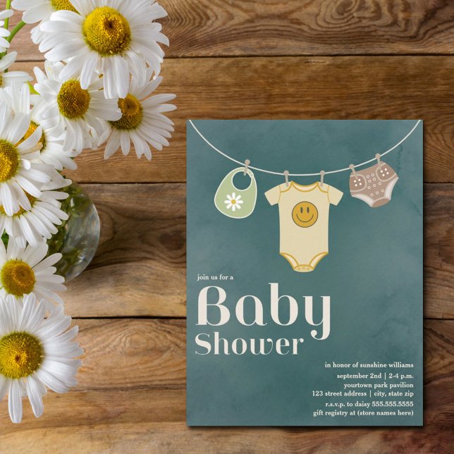 Hippie Baby Clothesline Neutralt Baby Shower Inbjudningar (Skapare uppladdad)