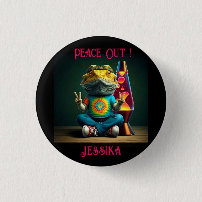 Hippie Bearded Dragon Peace Retro Custom  Knapp (Framsida)