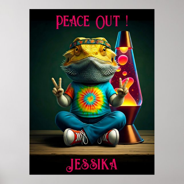 Hippie Bearded Dragon Peace Retro Custom  Poster (Framsidan)