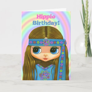 Hippie Birthday! Cute Blue Hippie Girl Doll Card Kort