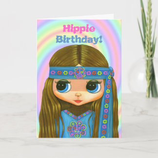 Hippie Birthday! Cute Blue Hippie Girl Doll Card Kort