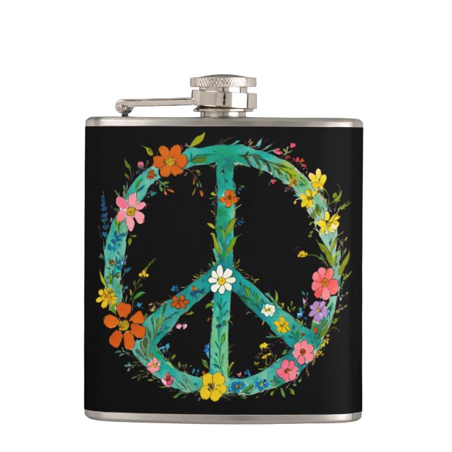 Hippie blommig fredstecken på svart bakgrund fickplunta (Framsidan)