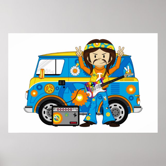 Hippie Boy med Guitar och Camper Van Poster (Framsidan)