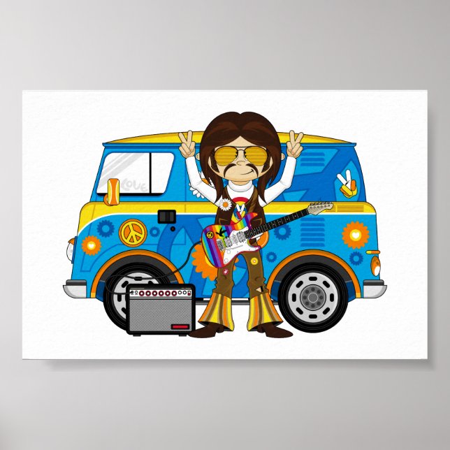 Hippie Boy med Guitar och Camper Van Poster (Framsidan)