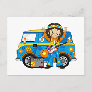 Hippie Boy med Guitar och Camper Van Vykort