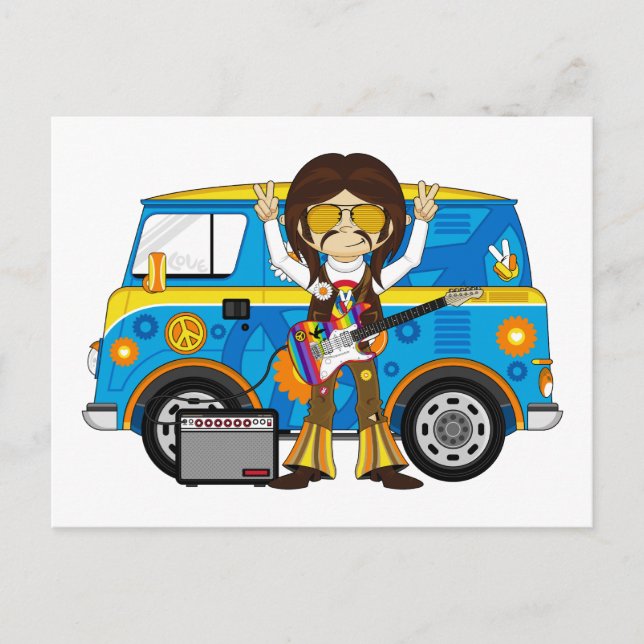 Hippie Boy med Guitar och Camper Van Vykort (Framsida)