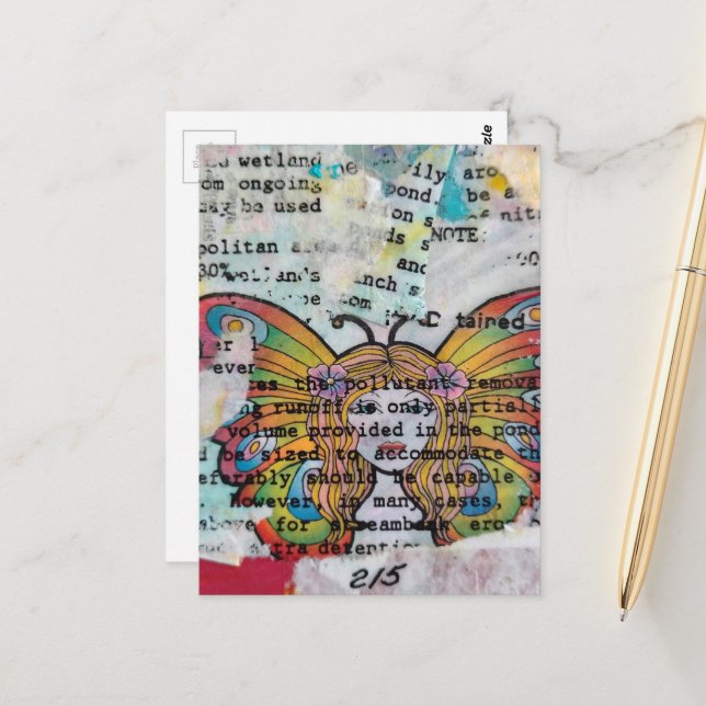 Hippie Butterfly Woman Mixed Media Collage Vykort (Fram/Back In Situ)