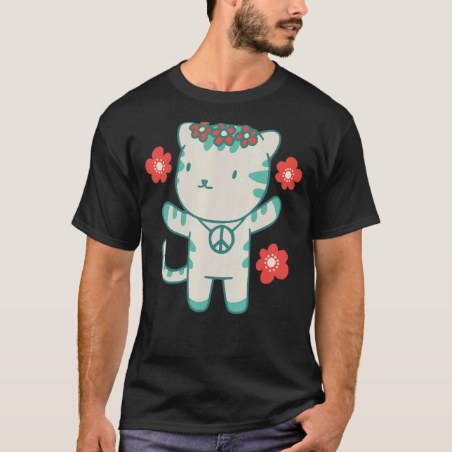 Hippie Cat med blommor och fredssymbol T Shirt (Framsida)