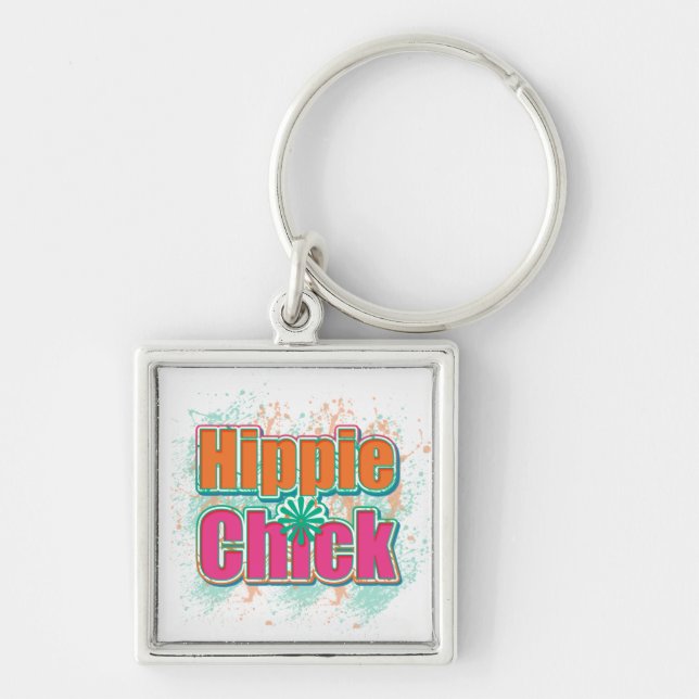 Hippie Chick Paint Stänk Fyrkantig Silverfärgad Nyckelring (Framsidan)