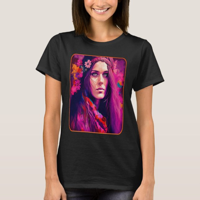 Hippie Child In Pink With Flowers In Her Hair Retr T Shirt (Framsida)