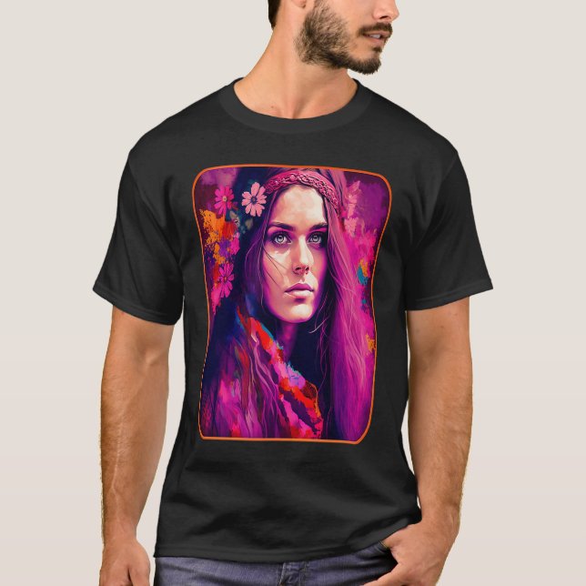 Hippie Child In Pink With Flowers In Her Hair Retr T Shirt (Framsida)