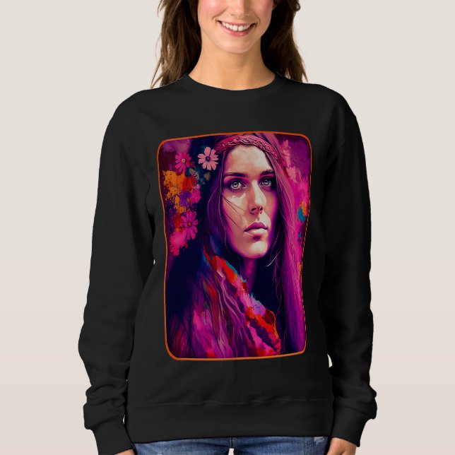 Hippie Child In Pink With Flowers In Her Hair Retr T Shirt (Framsida)