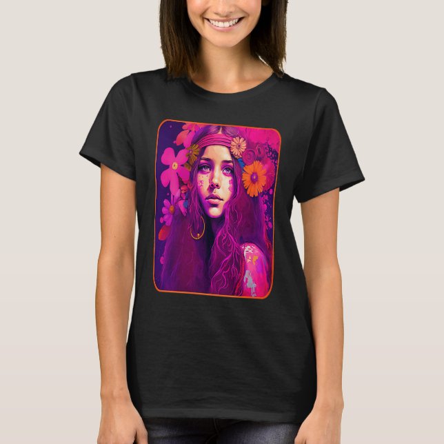 Hippie Child In Pink With Flowers In Her Hair Retr T Shirt (Framsida)