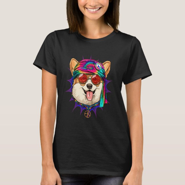 Hippie Corgi Tie Dye Peace Sign Psychedelic Corgi  T Shirt (Framsida)