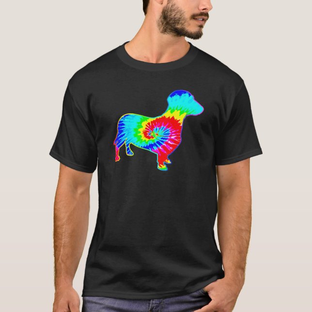 Hippie Dachshund Retro Puppy Tie Dye Hund T Shirt (Framsida)