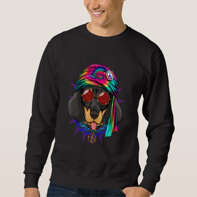Hippie Dachshund Tie Dye Peace Sign Psychedelic Do Lång Ärmad Tröja (Framsida)