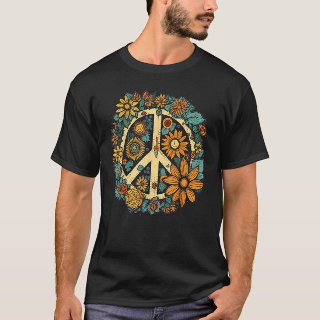 Hippie Daisy Peace Sign Retro Flower Sunflower T Shirt (Framsida)