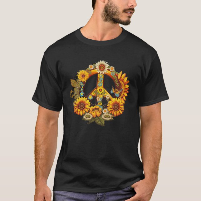 Hippie Daisy Peace Sign Retro Flower Sunflower T Shirt (Framsida)
