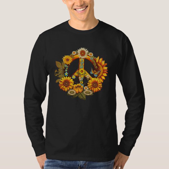 Hippie Daisy Peace Sign Retro Flower Sunflower T Shirt (Framsida)