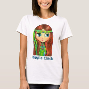 Hippie Doll Girl i Grönt Headband Fredstecken Cute T Shirt
