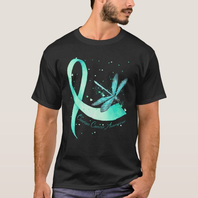 Hippie Dragonfly Teal Ribbon Ovarian Cancer Awaren T Shirt (Framsida)