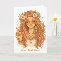 Hippie Flicka Ger en Fredsgest Blank Konstkort