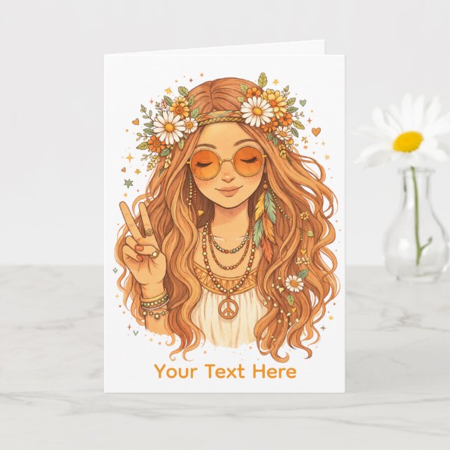 Hippie Flicka Ger en Fredsgest Blank Konstkort Kort (Liten växt)