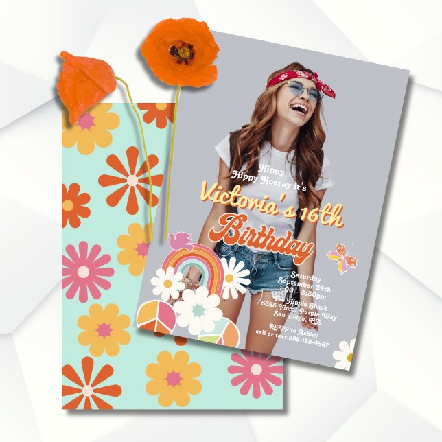 Hippie Flower Power Photo 70s 60-talets Födelsedag Inbjudningar (Skapare uppladdad)