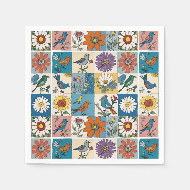 Hippie Folk Art Blommigt lappar med fåglar Pappersservett (Framsidan)
